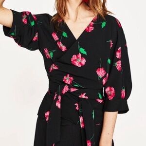 Zara black floral wrap around blouse.
